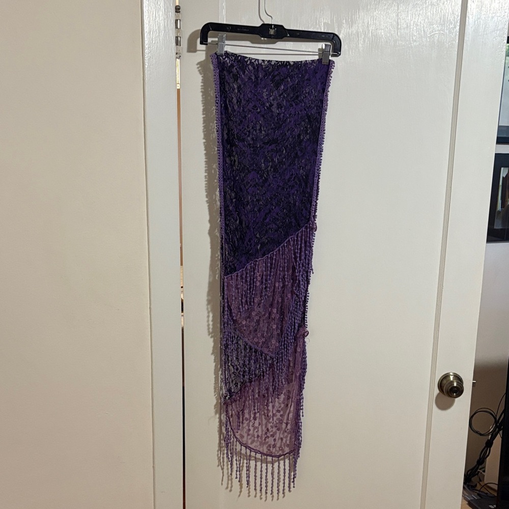 Vintage Lace Scarf Purple & Black Sheer with Knotted Fringe & Floral Details